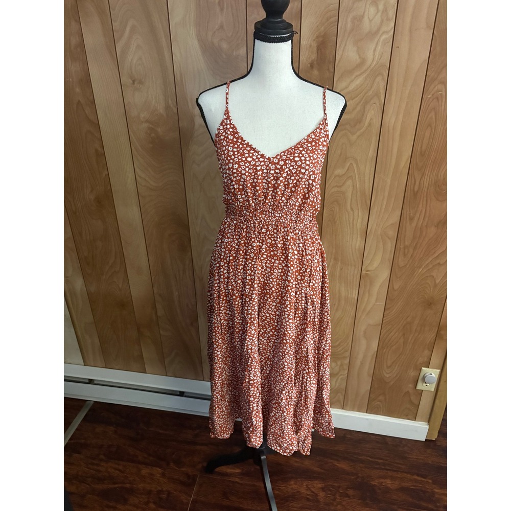 SHEIN Rust Orange Ditsy Floral Midi Dress V-Neck Smocked Waist Large 8/10